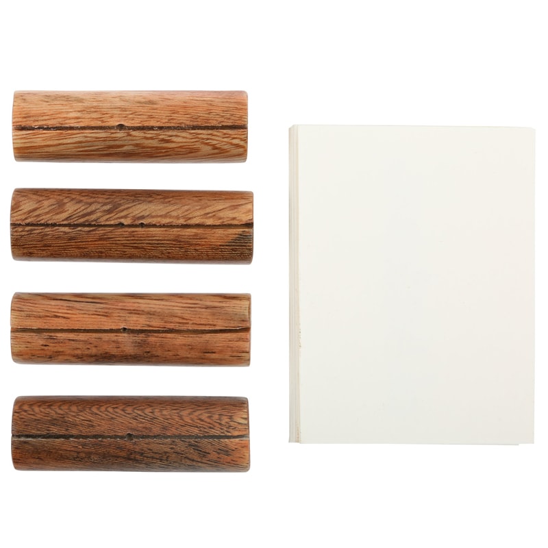 The Floral Society Card Holder Set showing 4 wooden holders and stack of 16 blank cards