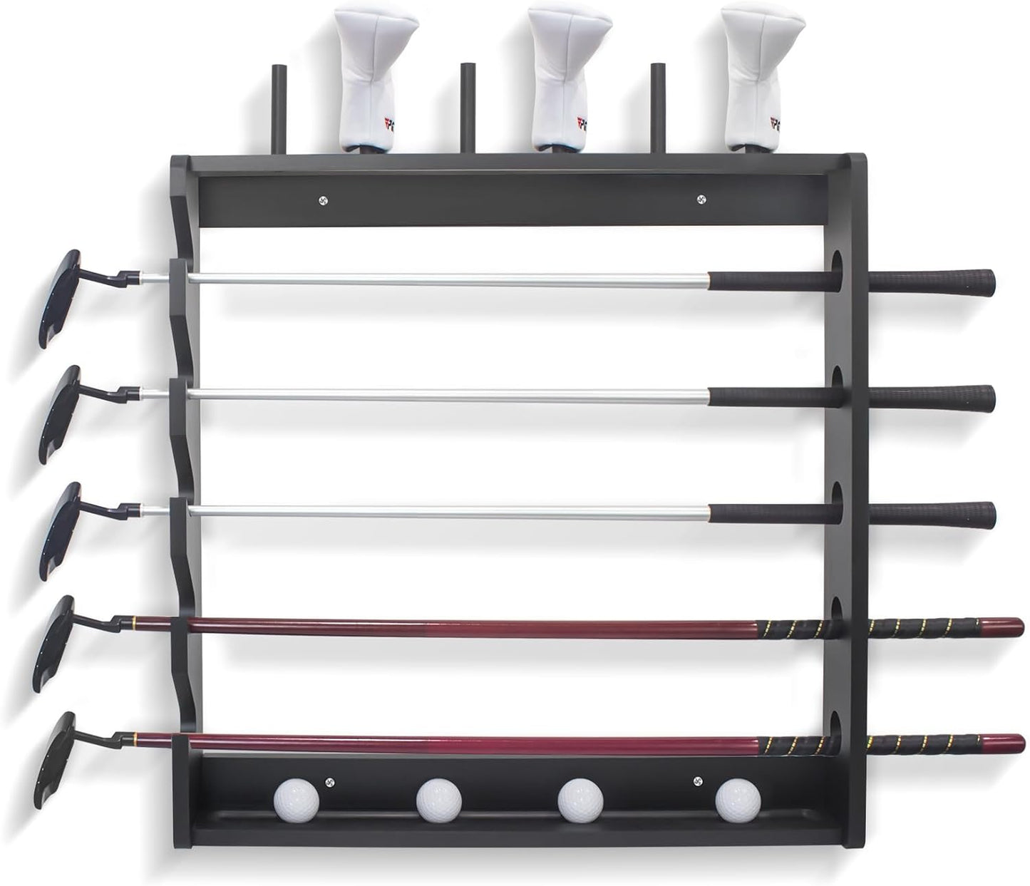 Golf Club Holder Rack - Indoor Wooden 5 Golfs Putter Storage Wall Mount Stand, Golf Gifts for Men Organizer for Sticks Clubs/Putter/Golf Balls/Head Covers, Black Morden Display Style, 25" Length Slot