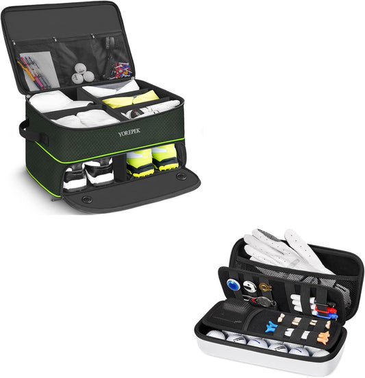 YOREPEK 2 Layer Golf Trunk Organizer Storage for 2 Pair Shoes,Green,Golf Glove Holder with Removable Golf Glove Shaper, Protective Hard Shell Golf Accessories Case Bag with 2 Dividers