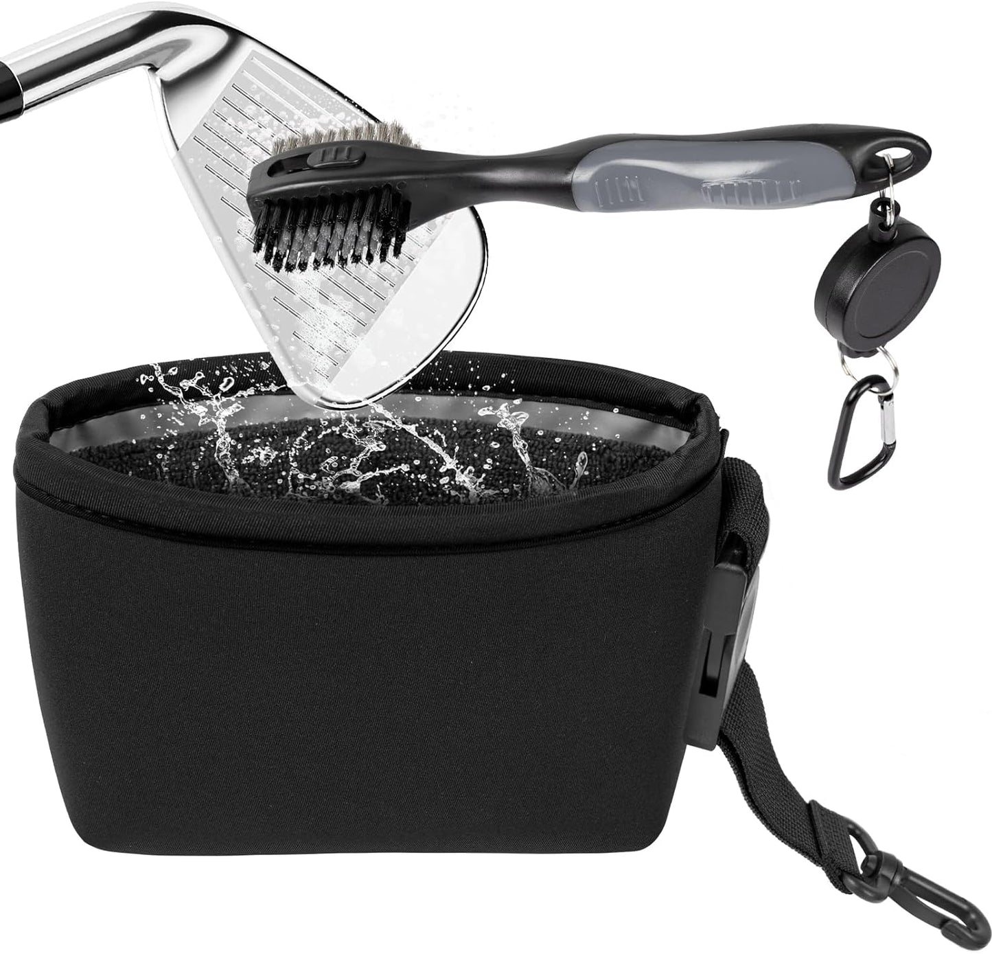 Golf Club Cleaner Golf Ball Cleaning Bag & Golf Cub Brush Portable Golf Club Scrub Waterproof Clean Face Technology Liner, Perfectly Dry Neoprene Exterior, Detachable Clip, Golf Bag Accessories