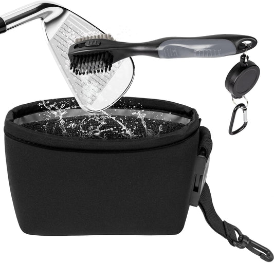 Golf Club Cleaner Golf Ball Cleaning Bag & Golf Cub Brush Portable Golf Club Scrub Waterproof Clean Face Technology Liner, Perfectly Dry Neoprene Exterior, Detachable Clip, Golf Bag Accessories