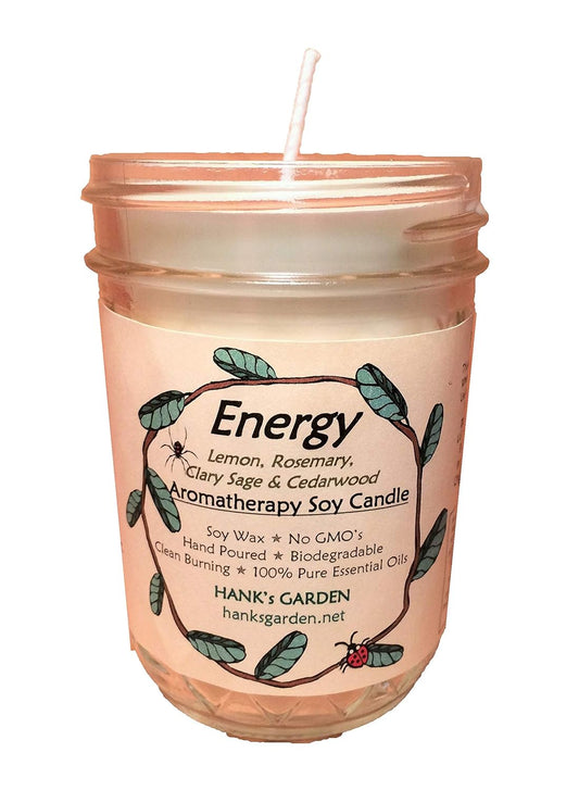 Energy Aromatherapy Soy Wax Candle - Lemon, Rosemary, Clary Sage, Cedarwood - 100% Pure Essential Oils, Biodegradable, Natural Dyes and Wicks, Clean Burn, No Soot, Non GMO (Soy Candle - 8 oz Jar)