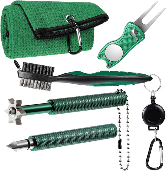 5 Pcs Golf Cleaning Kit, Golf Towel, Retractable Golf Club Brush, Golf Club Groove Sharpener for U and V Grooves, Divot Repair Tool, Golf Accessories for Golf Ball Lover Gifts