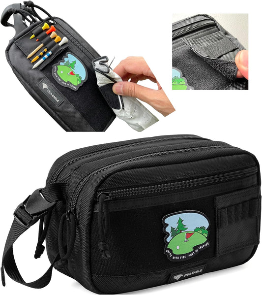 Golf Pouch Bag for Balls Accessories Valuables | Customizable with Hook-and-Loop Panel | Ideal Golfer Gift, Includes Tee-Holder and Motivation Patches | Also Great for Gym Sports Travel Tactical