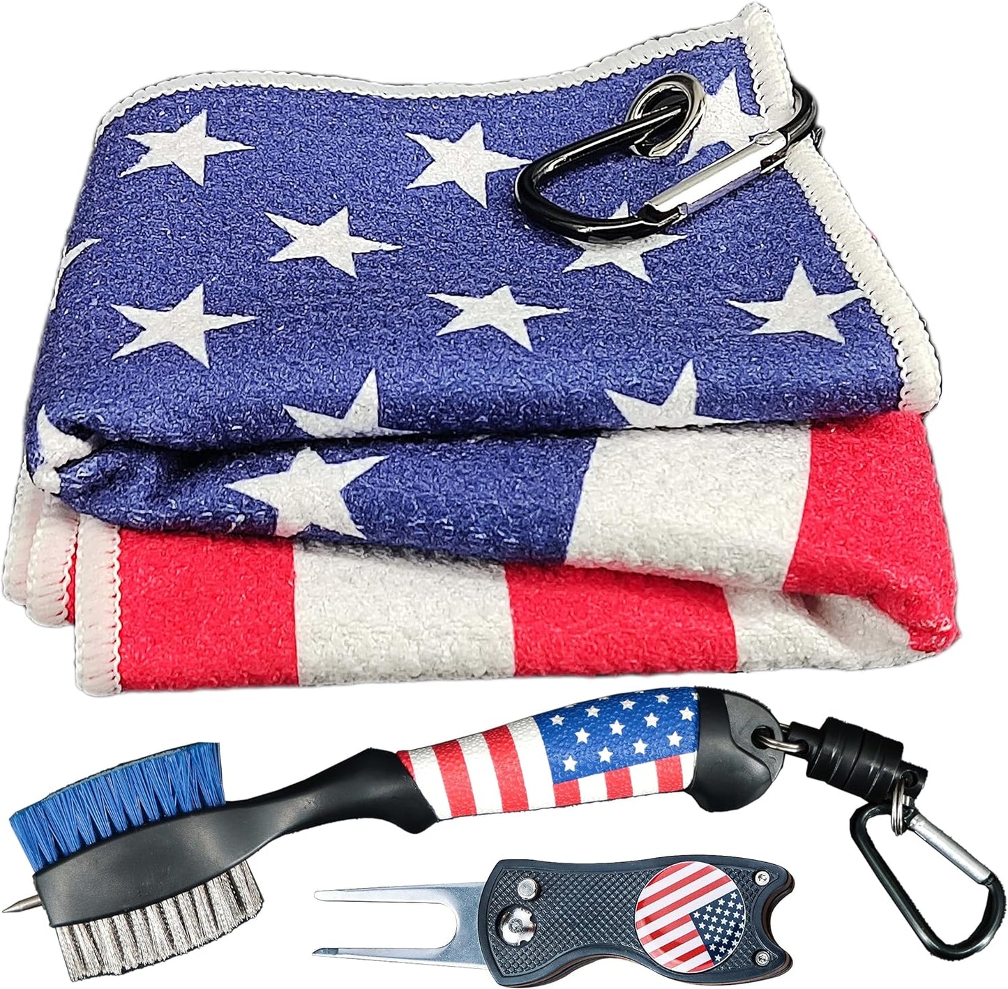 Golf Club Brush and Amercian Flag Golf Towels, Golf Groove Cleaner Cleaning kit, Golf Accessories Cleaner Tool with Strong Magnet Stick to Golf Clubs or Bag